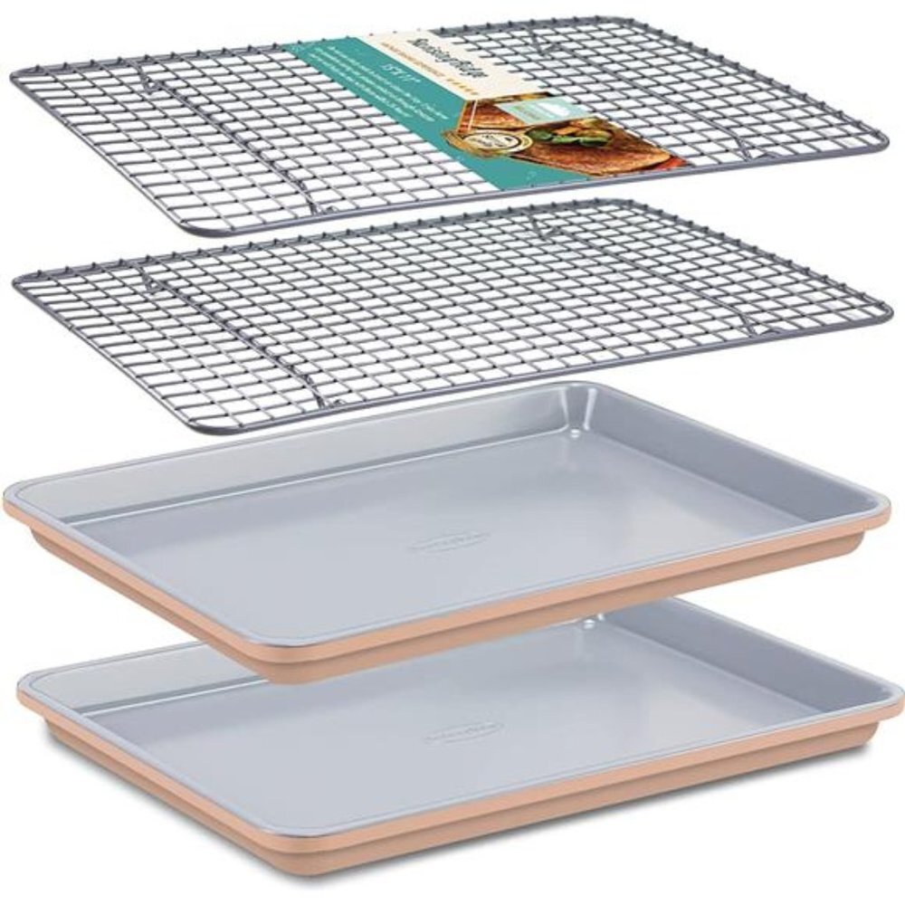 Baking Sheet with Rack Set (2 Pans + 2 Racks) (Apricot & Grey)